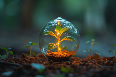 Green seedling growing in a glass bulb on soil. ecology conceptの素材