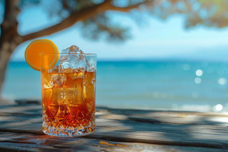 Cocktail with orange and ice on the beach in summer.の素材