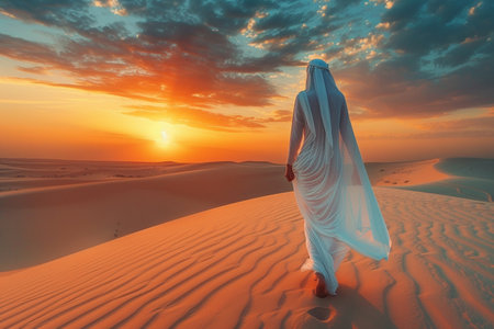 Arabian man in the desert at sunset. 3d rendering.の素材