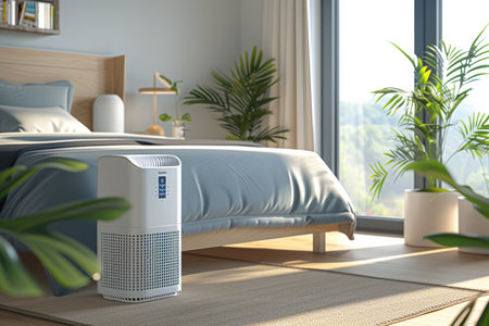 Modern air purifier in bedroom interior. 3D rendering illustration.の素材