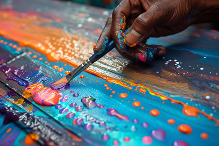 Artist paints a picture on the canvas with acrylic paints, close-upの素材