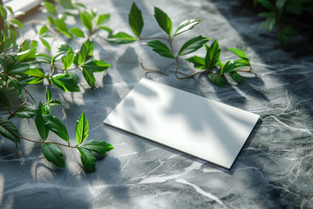 Blank white business card with green leaves on table. mock upの素材