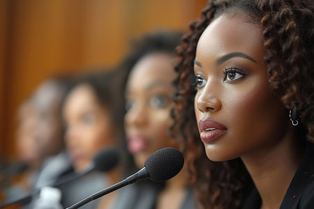 Close-up portrait of a beautiful african american woman speaking into microphoneの素材