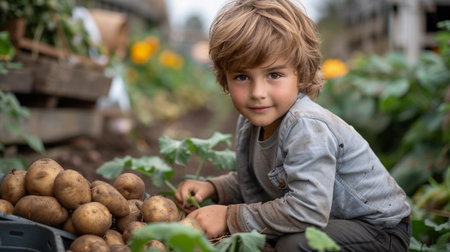 Portrait of a cute little boy harvesting potatoes in the vegetable gardenの素材