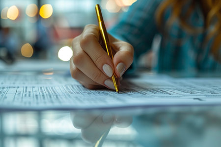 Close-up of a female hand holding a golden pen and filling in a business documentの素材