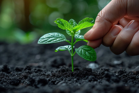 Human hand holding green seedling on soil background, Ecology concept.の素材