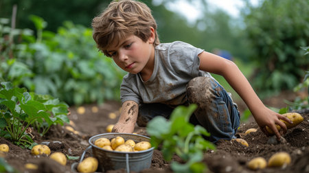 Little boy picking up potatoes from the soil in the vegetable garden.の素材