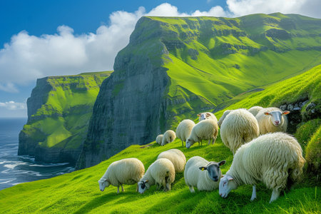 Flock of sheep grazing on the green meadow in Faroe Islandsの素材