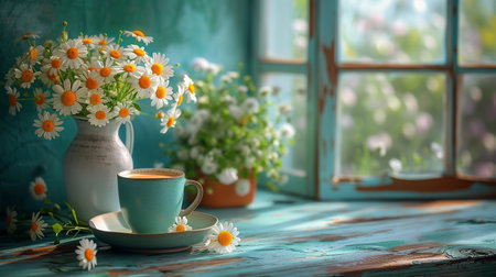 Cup of coffee and bouquet of chamomiles on windowsillの素材