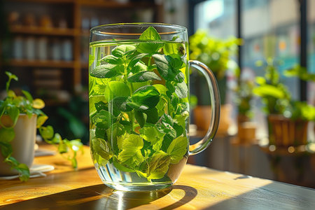 Mint tea in a glass cup on a table in a cafeの素材