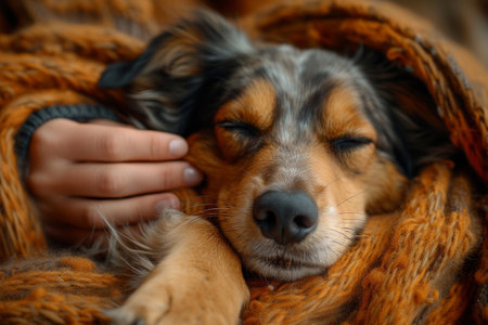 Cute little dog sleeping under warm knitted blanket, closeupの素材