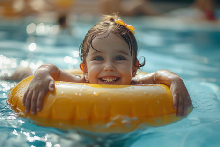 Cute little girl in swimming pool with yellow inflatable ring.の素材