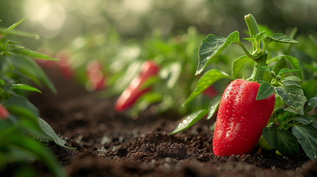 Red pepper growing in the ground. Selective focus. natureの素材