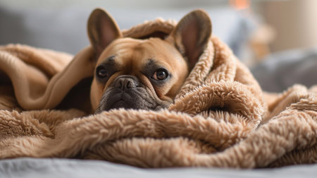 Cute french bulldog lying under warm blanket on bed at homeの素材