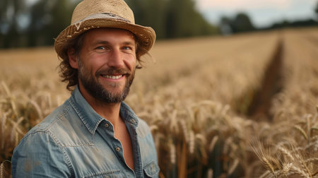 Portrait of a smiling farmer standing in a wheat field, looking at camera.の素材