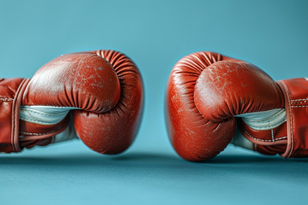 Pair of red boxing gloves on blue background. Close-up.の素材