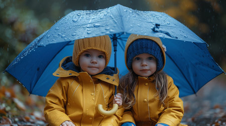 Two little girls in yellow raincoat and hats sitting under blue umbrella in autumn parkの素材