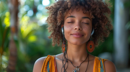 Portrait of a beautiful young african american woman listening to music outdoorsの素材