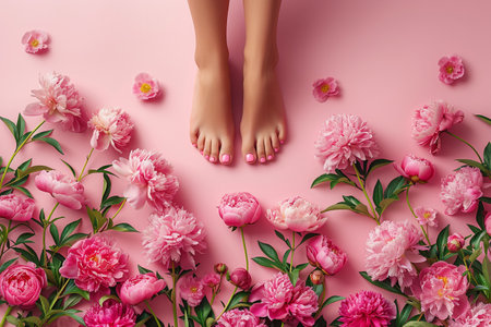 Female legs with pink pedicure and peony flowers on pink backgroundの素材