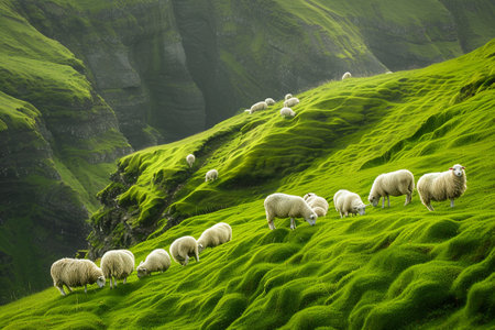 Flock of sheep grazing on green grassy hillside in summerの素材