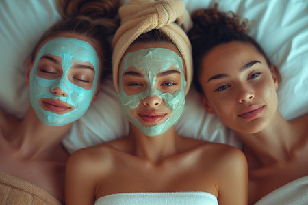 Top view of three multiethnic women with facial masks lying in spa salonの素材