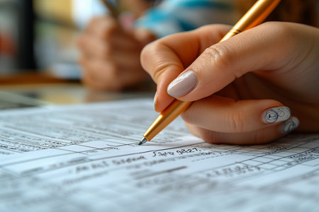 Close up of female hand filling in a tax form with golden pen.の素材