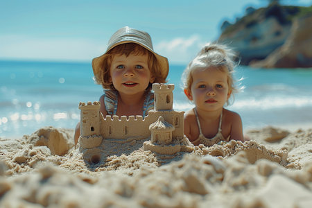 Two adorable little sisters playing with sand on the beach. Summer vacation conceptの素材