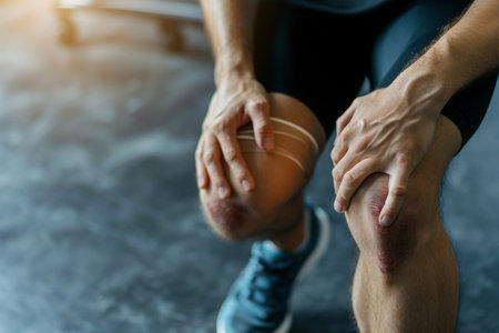 Cropped image of sportsman holding ball while sitting on floor in gymの素材