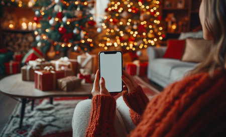 Close-up of woman holding smartphone with blank screen while sitting on sofa near christmas treeの素材