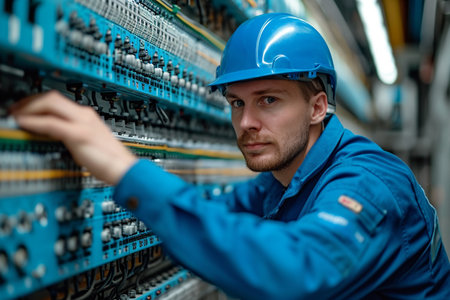 Portrait of a young male technician in blue uniform and helmet standing at the control panel.の素材