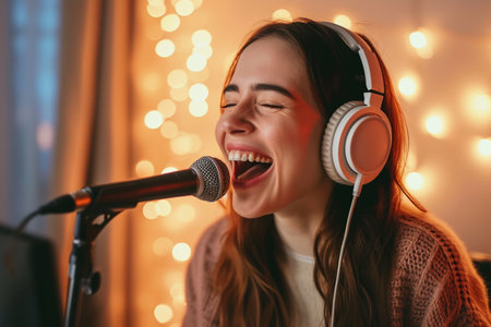 Beautiful young woman singing into microphone in room decorated with Christmas lightsの素材