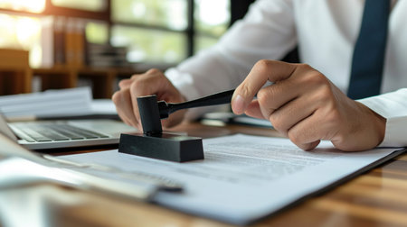 Businessman working with contract papers and stamp on desk in office.の素材