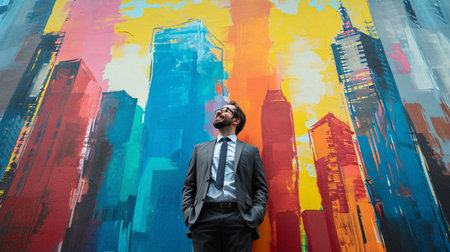 Portrait of a young businessman in front of a colorful graffiti wallの素材