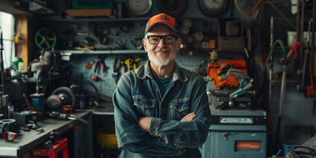 Portrait of a smiling mature man in a car repair shop.の素材