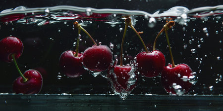 Cherries in water with splash and drops of water on black backgroundの素材