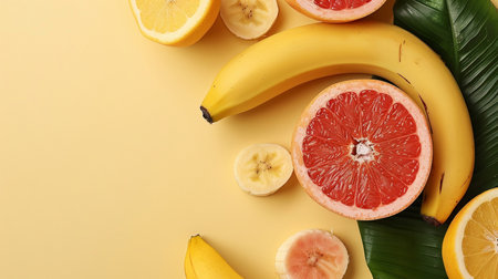 Bananas, lemons and grapefruits on yellow background, top viewの素材