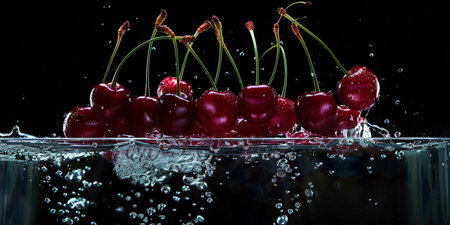 Cherries falling into water with splash and bubbles on a black backgroundの素材