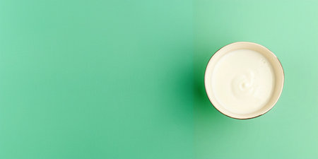 Top view of a bowl of yogurt on a green background with copy spaceの素材