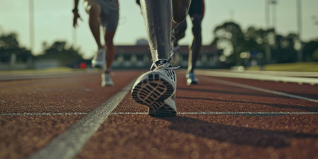 Runner feet on running race track, shallow depth of field, focus on shoeの素材