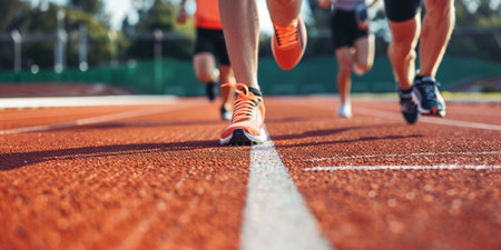 Close-up shot of a group of athletes running on a trackの素材