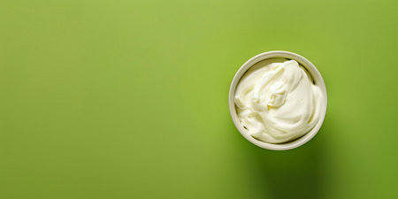 Mayonnaise in a bowl on a green background, top viewの素材