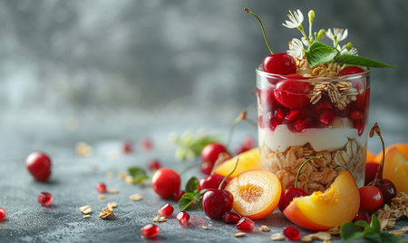 Healthy breakfast with granola, cherry and yogurt on gray backgroundの素材