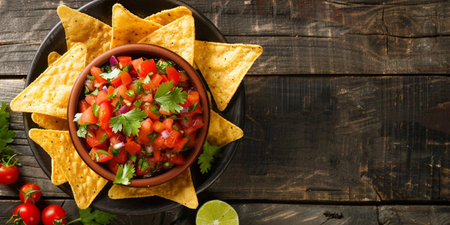 Mexican tomato salsa with nachos chips on wooden background. Top view with copy spaceの素材
