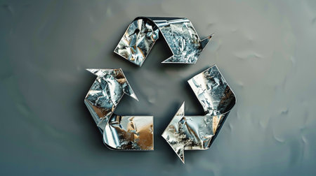 Recycling symbol made of crumpled aluminum foil on gray backgroundの素材