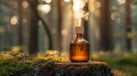 Aromatherapy oil in a glass bottle on a stump in the forestの素材