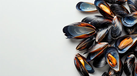 Fresh mussels on white background. top view Copy space.の素材