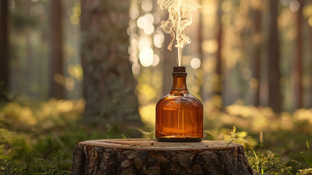 Magic potion in a glass bottle on a stump in the forest.の素材