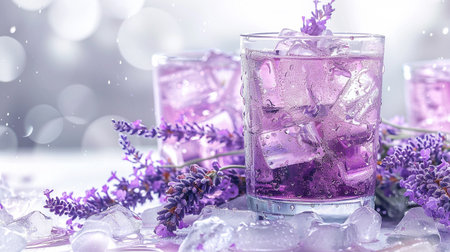 Lavender cocktail with ice cubes and lavender flowers on light backgroundの素材