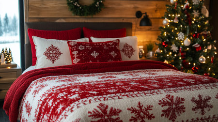 Christmas and New Year cozy bedroom with a Christmas tree, a large bed with red pillows and a plaid.の素材