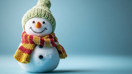 Snowman wearing a knitted hat and scarf on a blue backgroundの素材